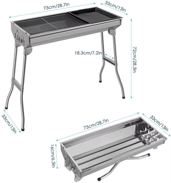 Draagbare opvouwbare houtskoolgrill - Kampeergrill - Barbecue - Voor picknick, festival, camping en feest - Roestvrijstalen rechtopstaande grill met anti-aanbakpan