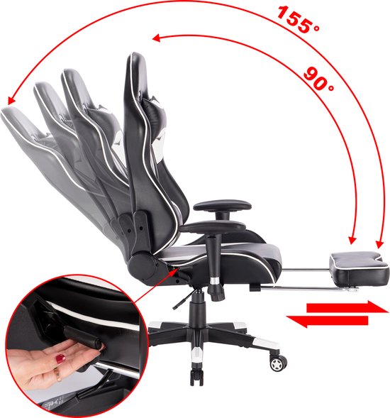 Luxe Gaming stoel - Met voetsteun - Witte Strepen - Gamestoel - Verstelbaar in hoogte - Chair - Ergonomische bureaustoel - Chair - Kunstleer