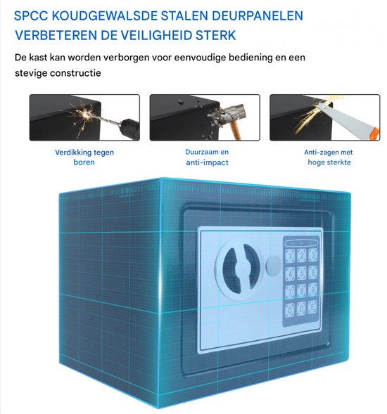 Digitale Code Veiligheidskluis Quorin - 16L Veiligheidsbox voor Thuis, Kantoor & Hotel - 2 Noodsleutels voor Geld & Documenten