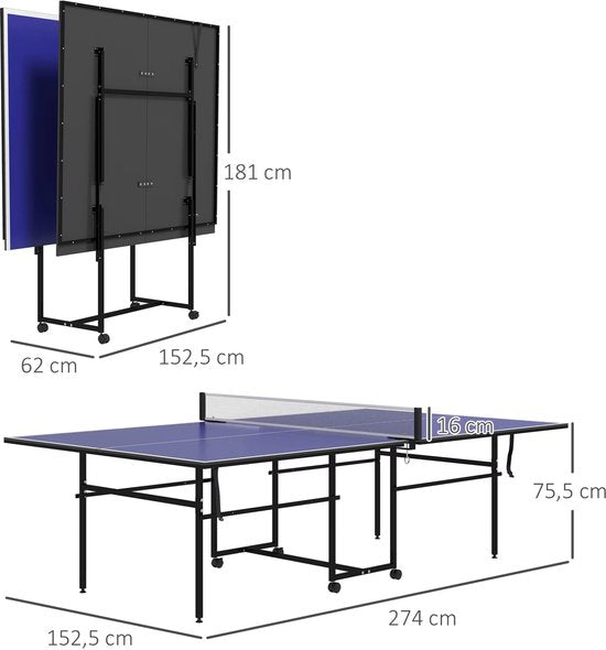 Opvouwbare Tafeltennistafel - Pingpongtafel - Voor Binnen & Buiten - Inclusief 2 Rackets & 3 Ballen - Blauw