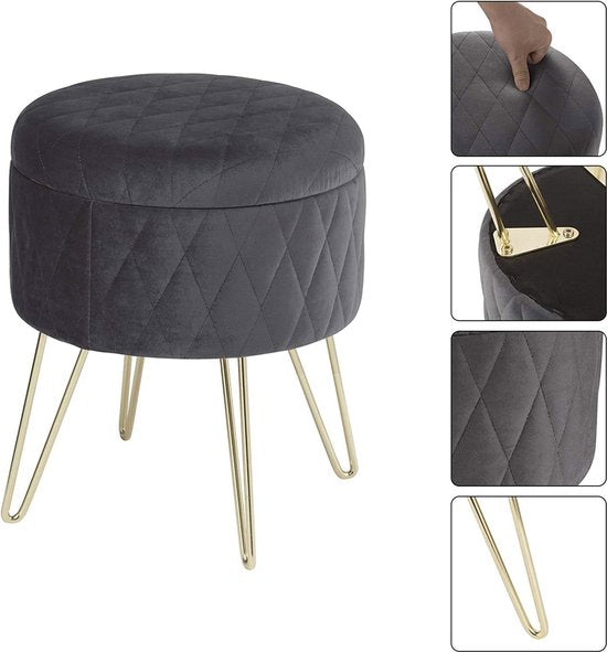 Happyment Poef deluxe - Voetenbank met opbergruimte - Donkergrijs - Opbergbox hocker - Zitkist met deskel - Velvet - 31.5x31.5x36cm