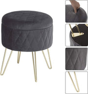 Bolt Edge Poef Deluxe - Donkergrijs Velvet - Voetenbank met Opbergruimte - Opbergbox Hocker en Zitkist - 31.5x31.5x36cm