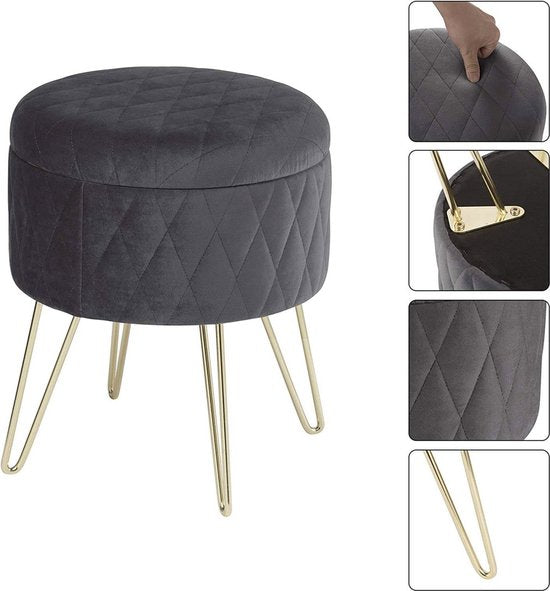 Bolt Edge Poef Deluxe - Donkergrijs Velvet - Voetenbank met Opbergruimte - Opbergbox Hocker en Zitkist - 31.5x31.5x36cm