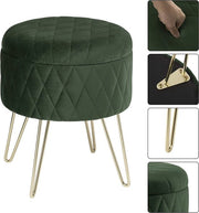 Happyment Poef deluxe - Met opbergruimte - Groen - Voetenbank met opbergruimte - Opbergbox hocker - Zitkist met deskel - Rond - Velvet - 31.5x31.5x36cm