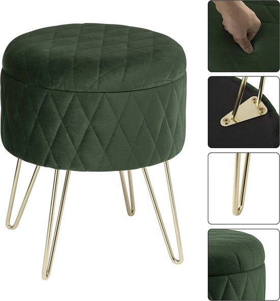 Happyment Poef deluxe - Met opbergruimte - Groen - Voetenbank met opbergruimte - Opbergbox hocker - Zitkist met deskel - Rond - Velvet - 31.5x31.5x36cm