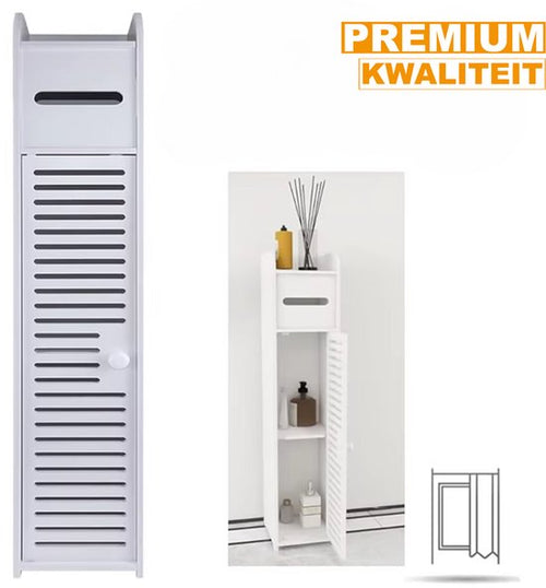 Badkameropbergkast Deluxe - 3-Tier Vloerkast Organizer met Deur - Vrijstaande Toiletrolhouder - Smalle Toiletkast