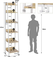 Happyment Boekenkast Dida - Industrieel - 6 Lagen - Wit/Oak - Boekenrek - Woonkamer, slaapkamer en kinderkamer - Hout/Metaal - 41 x 187 x 36 cm