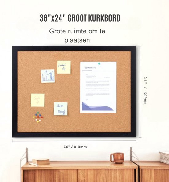 Kurk Prikbord - Prikborden - MDF - 36" x 24" Prikbord - Met Muurbevestiging voor Kantoor of Thuis