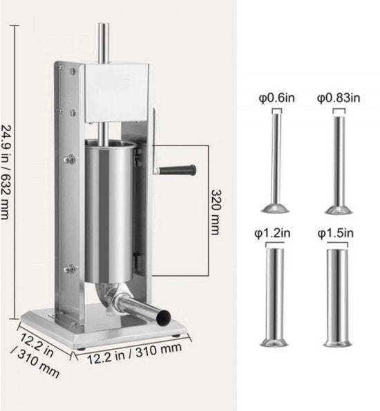 Worstvuller - Worstenmaker - Worstenvulmachine - 5L Handmatig - PRO - Met 4 Maten Vulbuizen