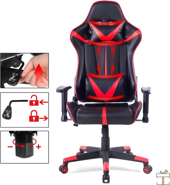Happyment Luxe Gamestoel Nero - Gaming stoel verstelbaar in hoogte - Chair - Ergonomische bureaustoel - Zwart met rood