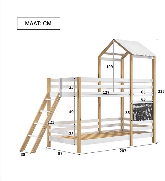 Stapelbed voor kinderen - 90x200 cm - Kinderbedden - Schoolbord - Met Hoektrap, valbeveiliging en raam - Peuterbed - Hoogslaper