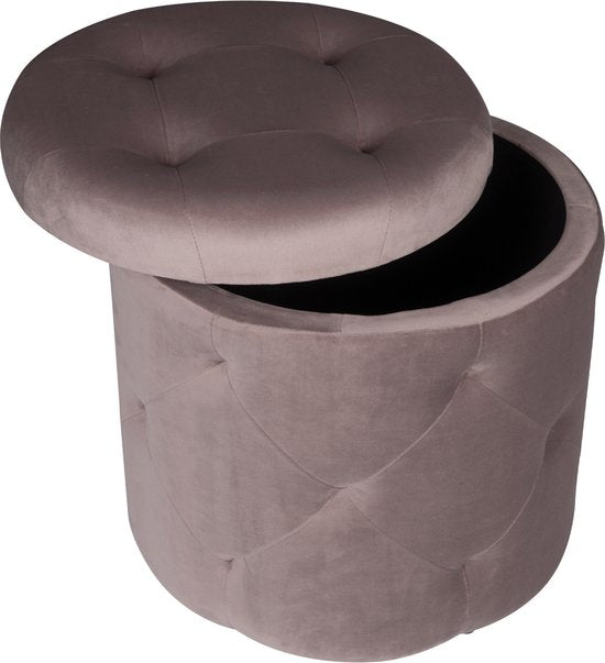 Luxe Ronde Poef diva - Met opbergruimte - Voetenbank met opbergruimte - Opbergbox hocker - Zitkist met deskel - Roze - Velvet - 39.5 x 39.5 x 40 cm