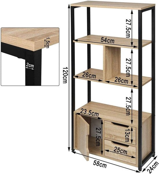 Bolt Edge Boekenkast - Industrieel - 4 Lagen - Oak - Met Deur en Lades - Hout/Metaal