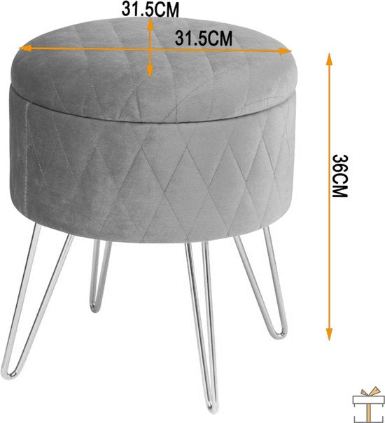Happyment Luxe Poef Velvet - Grijs - Zitkist met deskel - Voetenbank met opbergruimte - Opbergbox hocker - 2in1