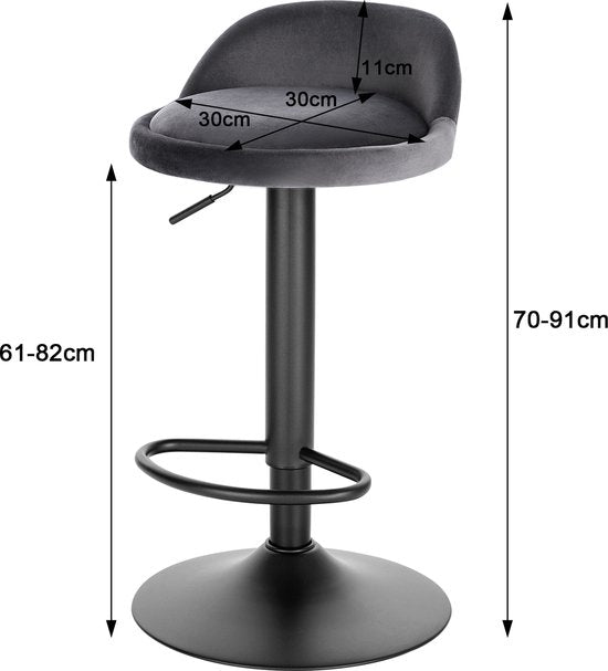 Luxe Barkurk Benito - Industrial - Grijs - Barkrukken set van 1 - Barstoel Kruk - Barstoelen met rugleuning - Keukenstoel - In hoogte verstelbaar - Velvet