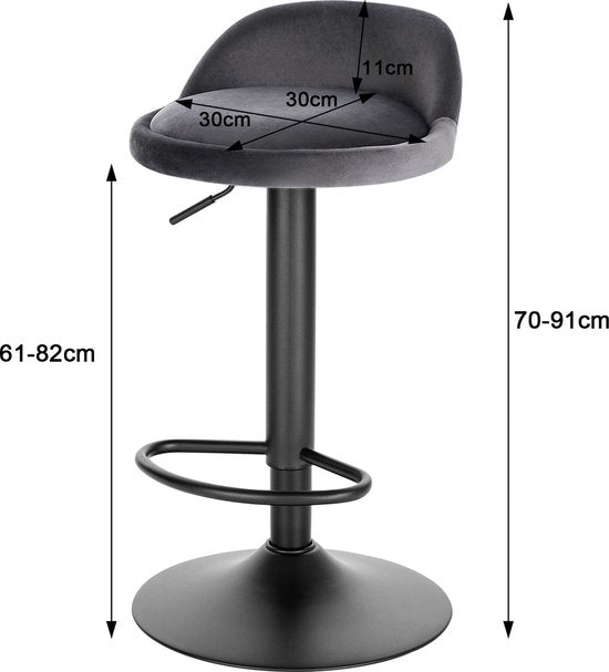 Barkruk - Grijs - Velvet - Ergonomisch - Verstelbaar - Industrial stijl - Set van 1