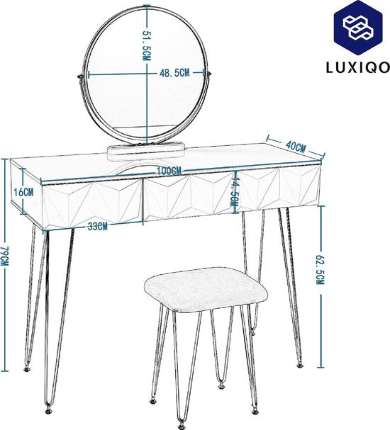Luxiqo® Kaptafel - Make-Up Tafel - Kaptafel Set met Spiegel - 360° Draaibare Make-Up Spiegel - 3 Lades - Fluwelen Kruk - Wit/Grijs