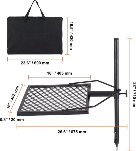 Draaibare Grill - 41x41cm - Staal - 6 kg Draagvermogen - Inclusief Draagtas - Zwart