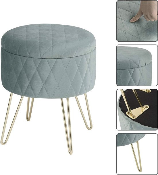 Happyment Poef deluxe - Voetenbank met opbergruimte - Turquoise - Opbergbox hocker - Zitkist met deskel - Velvet - 31.5x31.5x36cm