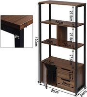 Happyment Boekenkast industrieel - 4 Lagen - Donkerbruin - 1 Deur en 2 Lades - Boekenrek - Woonkamer, slaapkamer en kinderkamer - Hout/Metaal - 58 x 24 x 120 cm