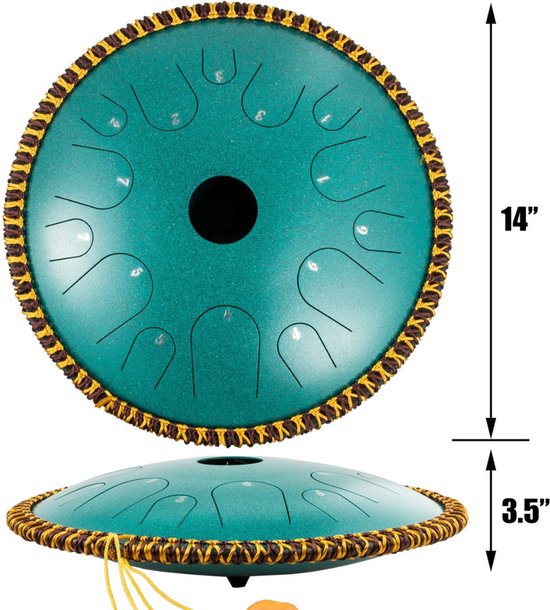 Happyment Stalen Tongdrum - Tongtrommel - Schijftrommel - Tong Drummer - Steel Tongue Drum - Klankschaal - Percussie Instrument - Handpan Drum met Accessoires - Goud - 14 Noten - 30 cm