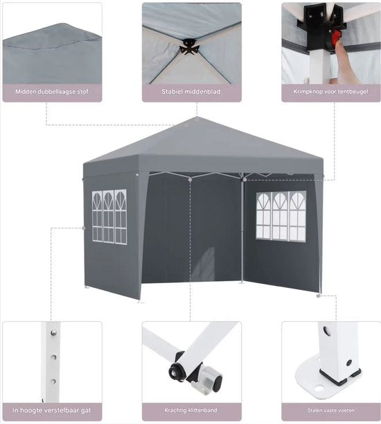 Partytent met zijwanden - 300x300cm - Feesttent - Opvouwbaar - Donkergrijs - Easy up - Paviljoen - Waterdicht weerbestendig - In hoogte verstelbaar