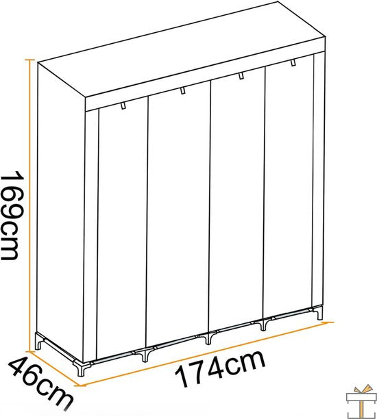 Happyment Opvouwbare Kledingkast Zuzu - Slaapkamer - Kledingrek - Garderobekast organizer - Grijs - 174X46X169cm