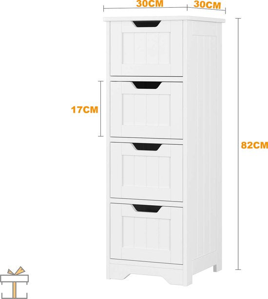 Happyment® Kolomkast badkamer staand - Badkamermeubel - Badkamerkast hoog - Wit - 4 lades - Black friday - Sinterklaas - Kerstcadeau