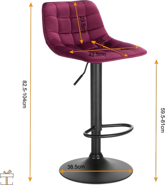 Bolt Edge Velvet Barkrukken - Bordeaux - Ergonomisch - Zithoogte 59-81cm - Set van 2
