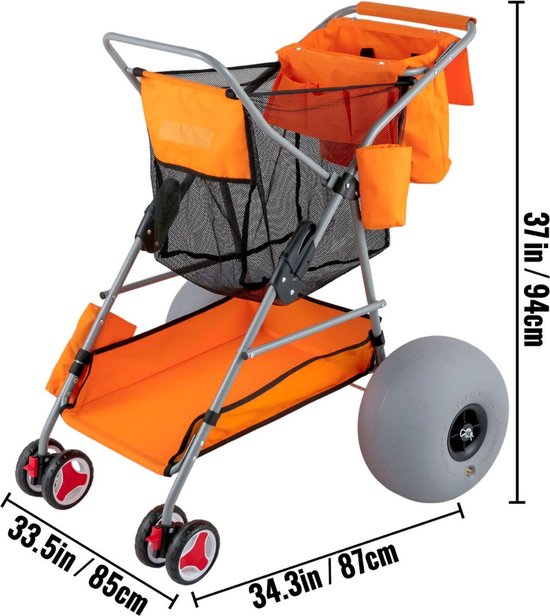 Happyment Bolderwagen - Strandkar - Bolderkar Opvouwbaar - Strandtrolley - Beach Trolley - Strandwagen - Luchtbanden - Inclusief Pomp - Oranje