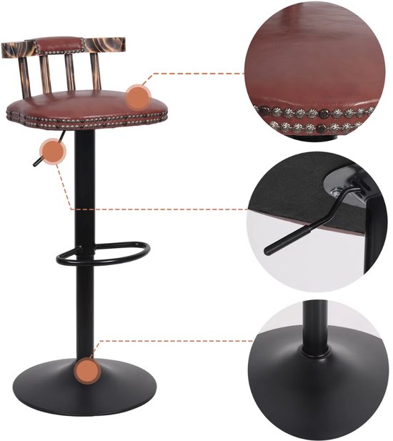 Retro Barkrukken - Set van 2 - Met rugleuning - Zwart - Verstelbaar - Voor Keuken, Bar of woonkamer - Draaibaar - PU leer