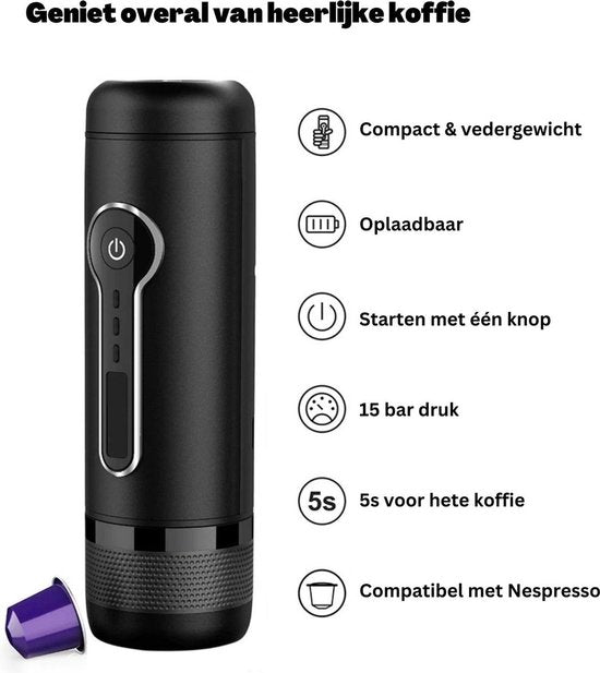 Happyment Compacte Draagbare Koffie Machine Draadloos - Hoge Kwaliteit Espresso Machine Oplaadbaar - Mini Koffie Zet Apparaat - Portable Coffee Maker - Koffie Cubs - Filterkoffie