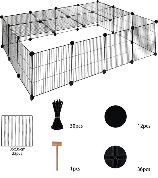 Happyment Dierenren Vida - Extra hoog - Knaagdierenren Ren - Verstelbaar - Konijnenren - Kippenren - Puppyren - Kattenren - Zwart - 70 x 70 x 105 cm