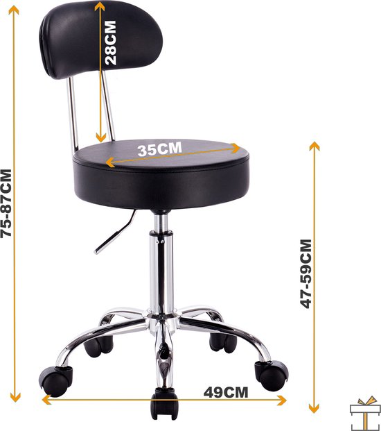 Happyment® Ergonomische kruk met rugleuning - Hoogte Verstelbaar - Op wielen - Bureaustoel, Zadelkruk, Werkkruk - Zwart - Black friday