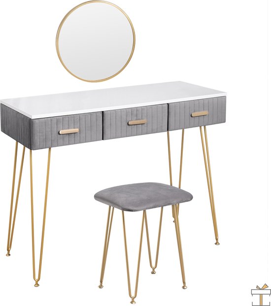 Happyment Kaptafel Deluxe - Inclusief spiegel en krukje - Grijs - Kinderen & volwassenen - Make up tafel voor meisjes - Black friday - Kerstcadeau