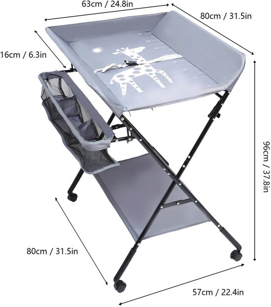 Babycommode - Opvouwbaar en draagbaar - Luierverzorgingsstation - Mobiele luiertafel - Voor Verzorging in Kinderkamer - Verstelbare Hoogte & Met Wielen - 80x63x96cm -Grijs