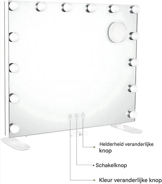 Verlichte Make-upspiegel Fioren - Hollywood spiegel - 14 Dimbare LED-lampen - Verlichting - Make-up Spiegel voor Kleedkamer en Slaapkamer - Zonder USB