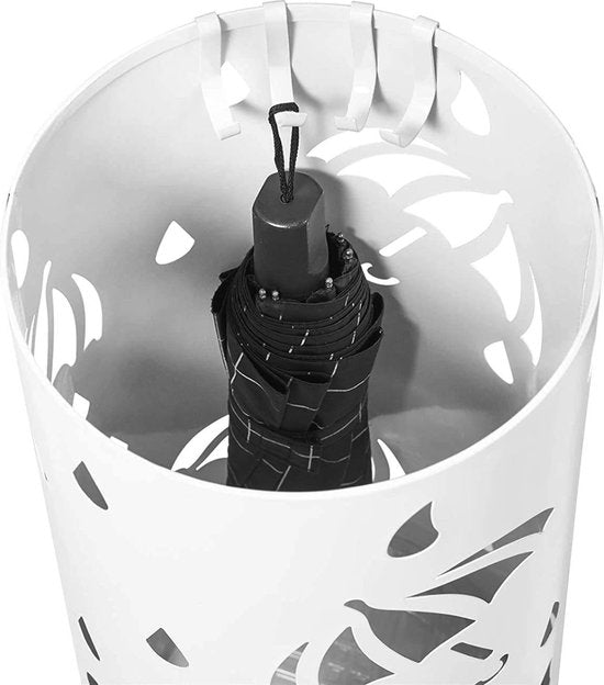 Happyment Ronde Paraplubak Ziva - Parapluhouder metaal - Verwijderbare wateropvangbak - Met haak - Wit - Metaal - 49 x Ø 20cm