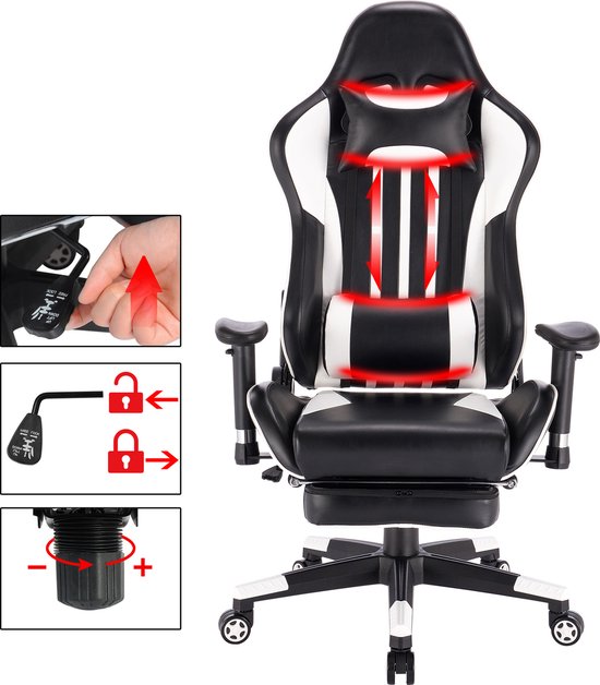 Luxe Gaming stoel - Met voetsteun - Witte Strepen - Gamestoel - Verstelbaar in hoogte - Chair - Ergonomische bureaustoel - Chair - Kunstleer