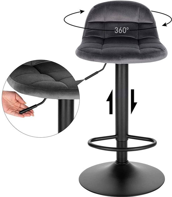 Luxe Barkruk Pluto - Industrial - Donkergrijs - Barkrukken set van 2 - Barstoel Kruk - Barstoelen met rugleuning - Keukenstoel - In hoogte verstelbaar - Velvet