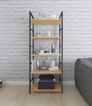 Boekenkast Podi - Industrieel - 5 Lagen - Zwart/Oak - Boekenrek - Woonkamer, slaapkamer en kinderkamer - Hout/Metaal - 60 x 28 x 148 cm