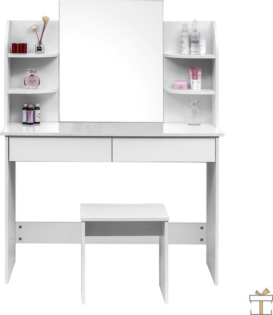 Happyment Kaptafel Ziva - Inclusief spiegel en krukje - Wit - Kinderen & volwassenen - Make up tafel voor meisjes
