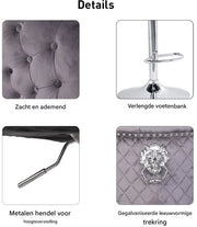 Barkrukken Opulence - Luxe Set van 2 - Met rugleuning - Grijs - Velvet - Verstelbaar - Voor Keuken, Bar of woonkamer - Draaibaar