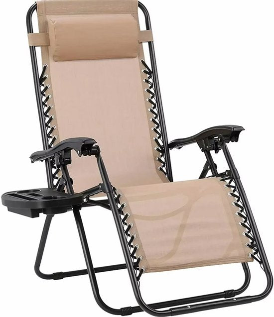 Opvouwbare stoel verstelbare stalen gaas - Zero Gravity lounge stoel - Fauteuils met kussens en bekerhouder - Beige - 2 Stuks