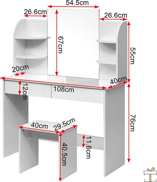 Bolt Edge Kaptafel - Wit - Inclusief Spiegel en Krukje - Make-up Tafel voor Meisjes