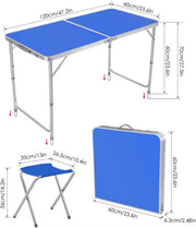 Kampeertafel 5-delig - Opvouwbaar - Klaptafel - Voor Camping en Tuin - Inklapbaar met 4 Krukken - Aluminium 120 cm - Blauw