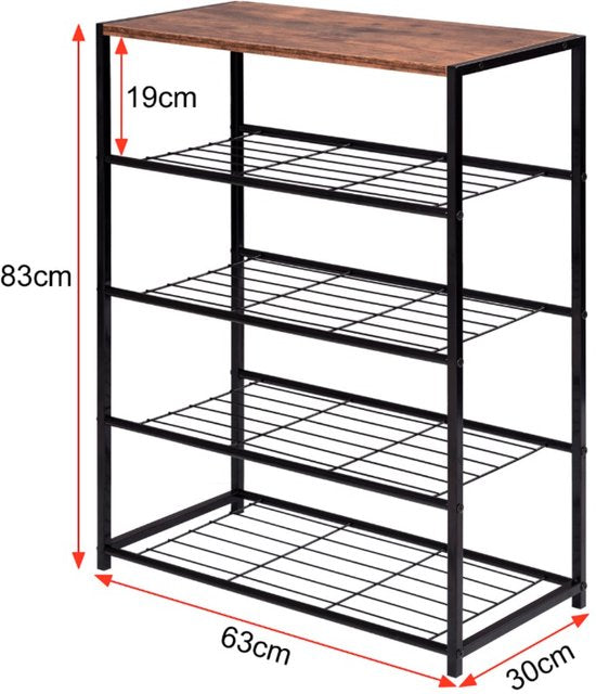 Happyment Schoenenrek Noda - 8 tot 12 paar - Schoenenbank vintage - Zwart - Voor slaapkamer of hal