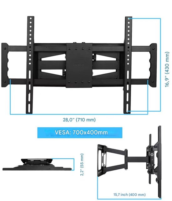 Muurbeugel Fioren - TV muurbeugel - Voor 30"-85" inch - Draaibaar en kantelbaar - Ultra Slim & ruimtebesparend - Beugel statief - Zwart