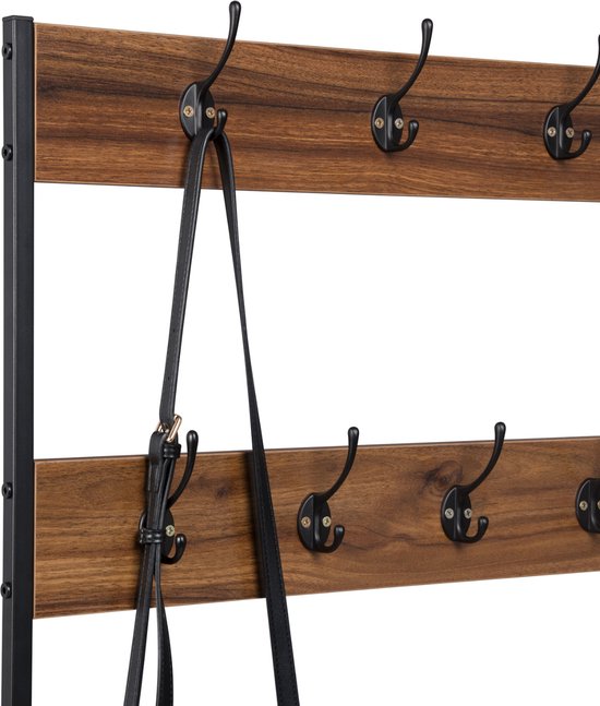 Happyment Kapstok Deri staand - Met schoenenrek - Industrieel - XL Garderoberek - Kapstokhaak - Hout & metaal - 7 haken - 3 planken