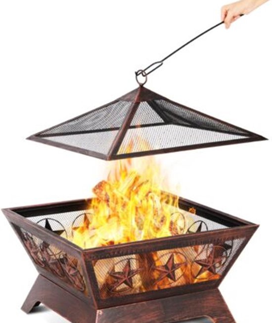 Happyment Luxe Vuurkorf - Voor buiten - Vuurpit deluxe - Met Vonkenscherm - Metaal - 61x61x23cm